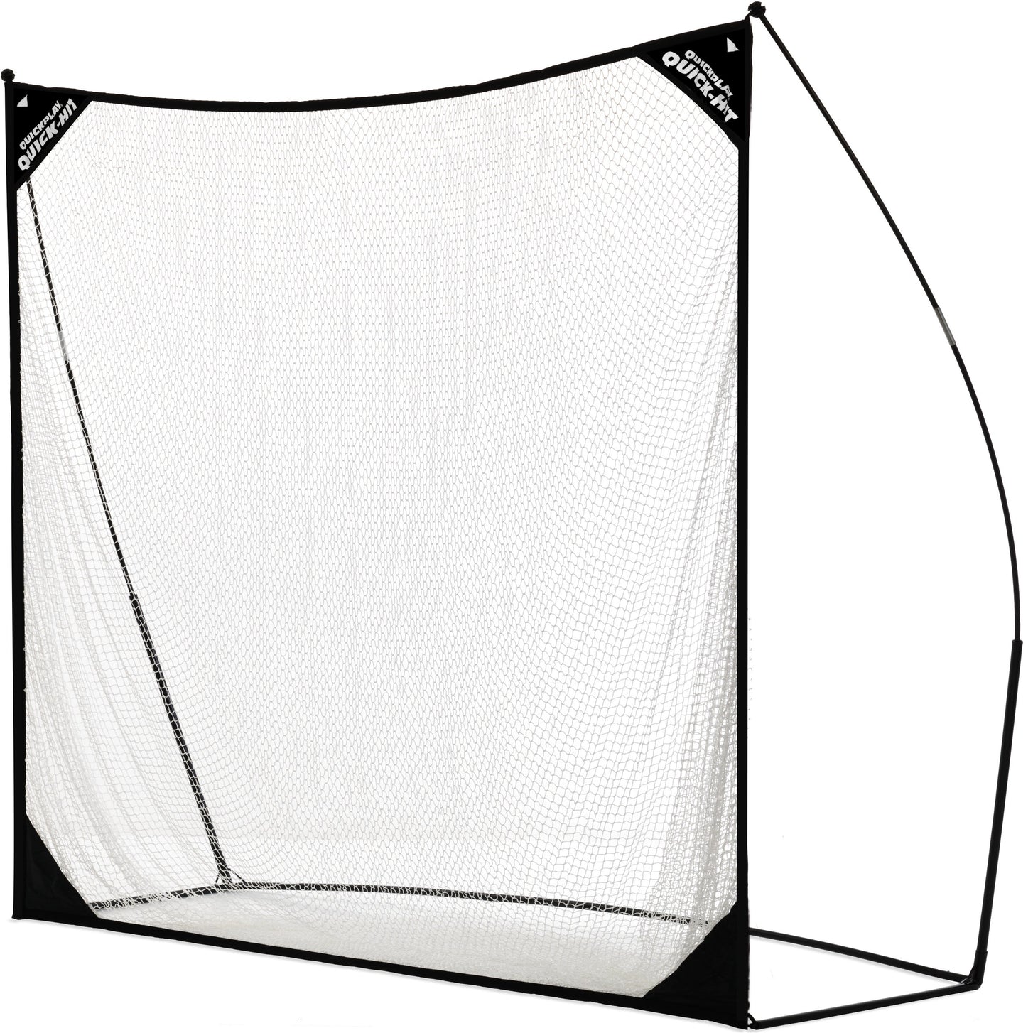 QUICK-HIT golfnet 240 x 240 cm met een zwart frame en wit net, schuin van opzij gezien op een witte achtergrond.
