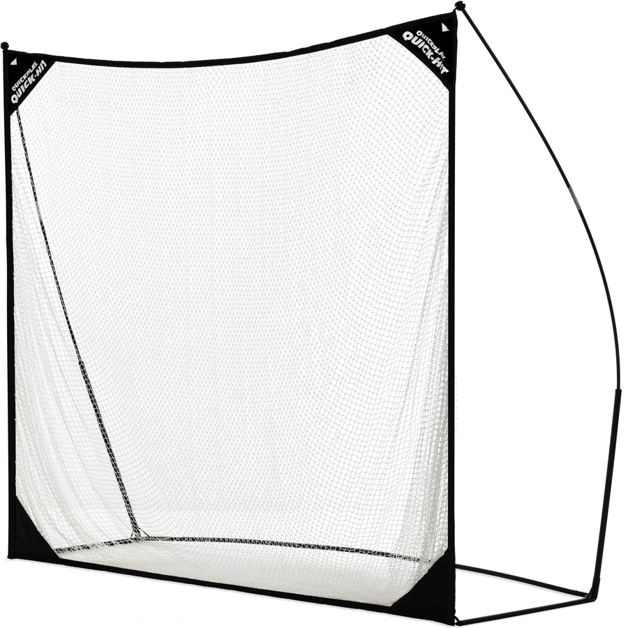 QUICK-HIT golfnet 240 x 240 cm met een zwart frame en wit net, schuin van opzij gezien op een witte achtergrond.