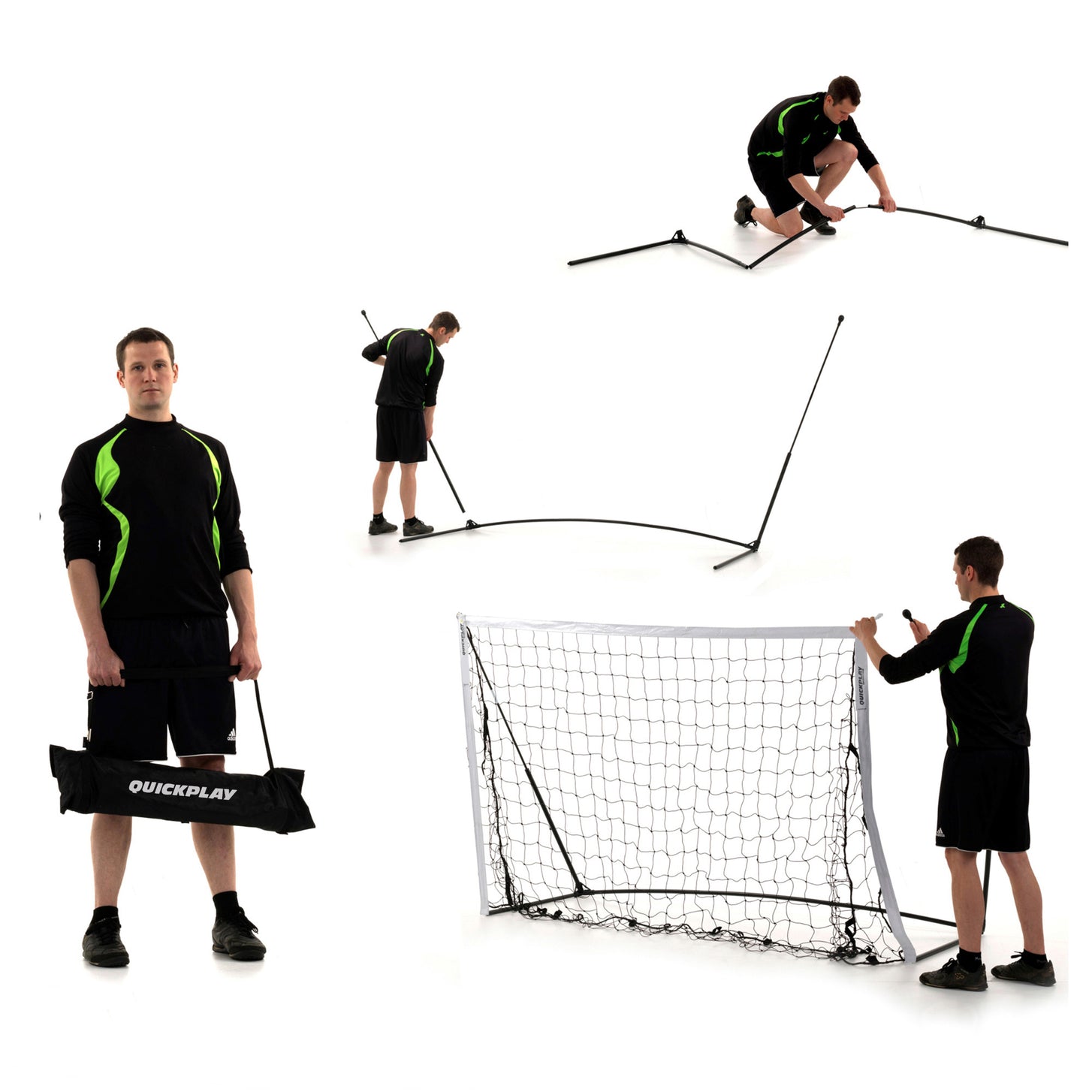 Opbouwstappen van het KICKSTER doel 240 x 150 cm op een witte achtergrond: man houdt een zwarte QUICKPLAY tas vast en bouwt het frame op.