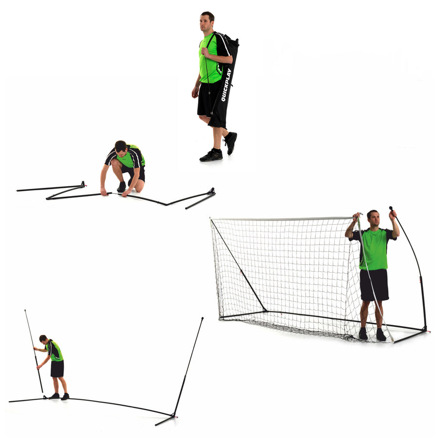 Opbouwstappen van het KICKSTER doel 500 x 200 cm op wit: een man draagt de tas, legt het frame uit, zet de stangen rechtop en bevestigt het net.