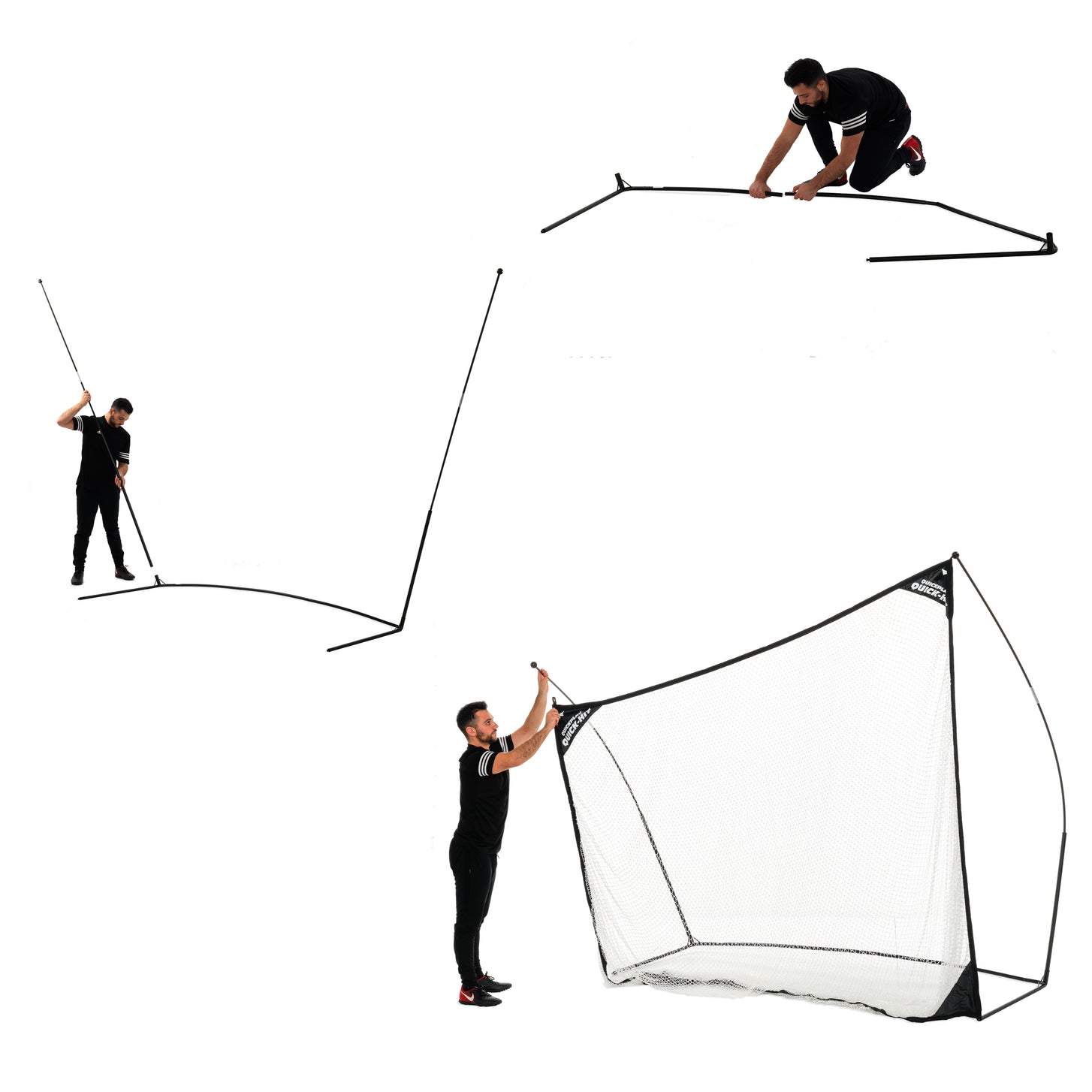 Opbouwstappen van het QUICK-HIT golfnet op wit: een man legt het frame uit, zet de gebogen stang rechtop en bevestigt het net.