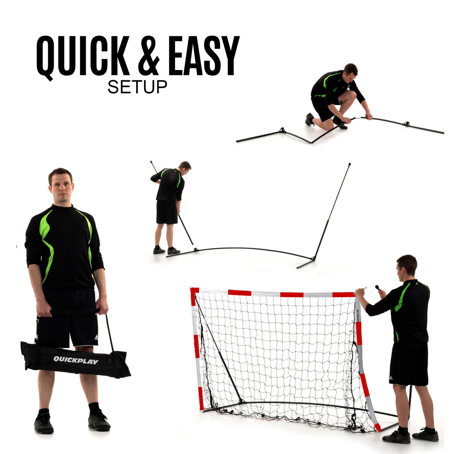 Opbouwstappen van het draagbare jeugdhandbaldoel 240 x 170 cm: man draagt een zwarte QUICKPLAY tas en bouwt het frame op, tekst "quick & easy setup".