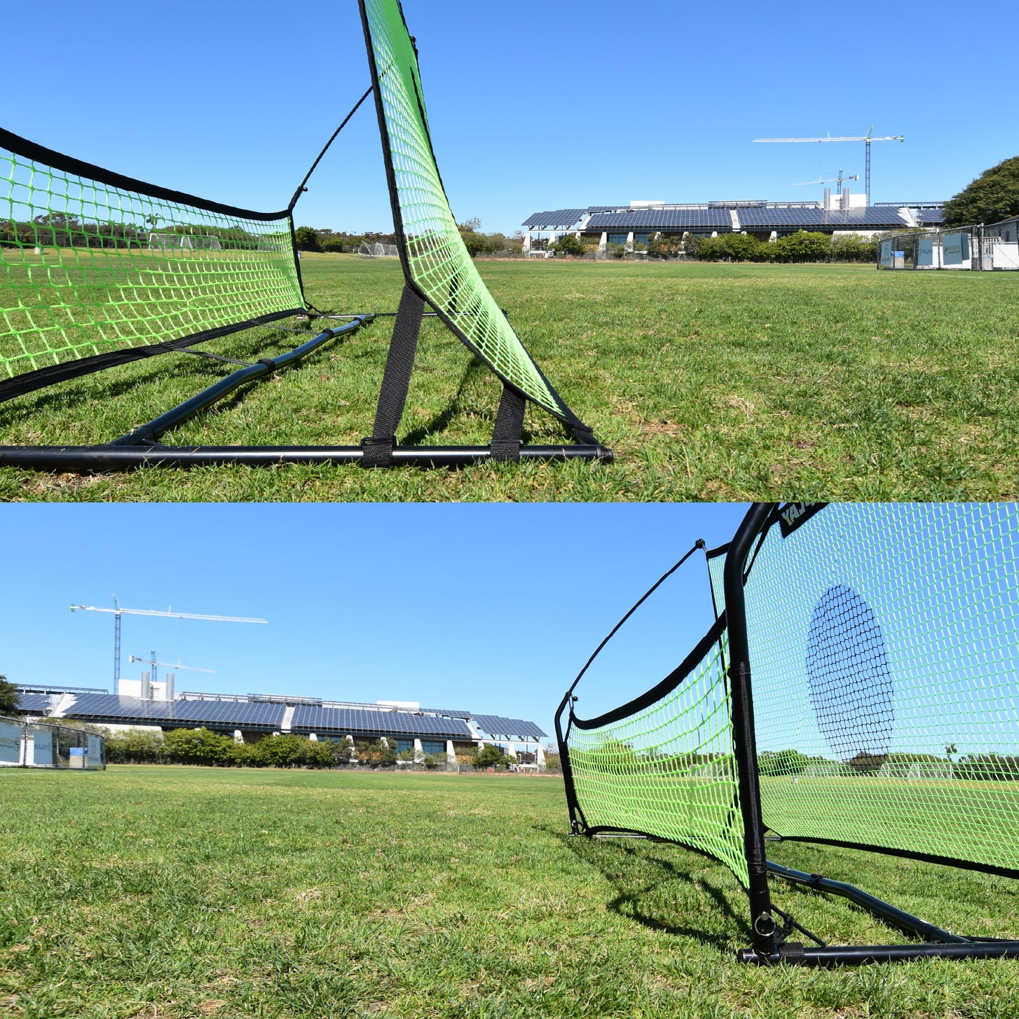 TEKKERS Trainer in twee beelden: lage close-ups van het zwarte frame en de groene netten op het gras.